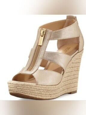 MICHAEL Michael Kors Champagne Gold T-Strap Espadrille Wedge Sandals